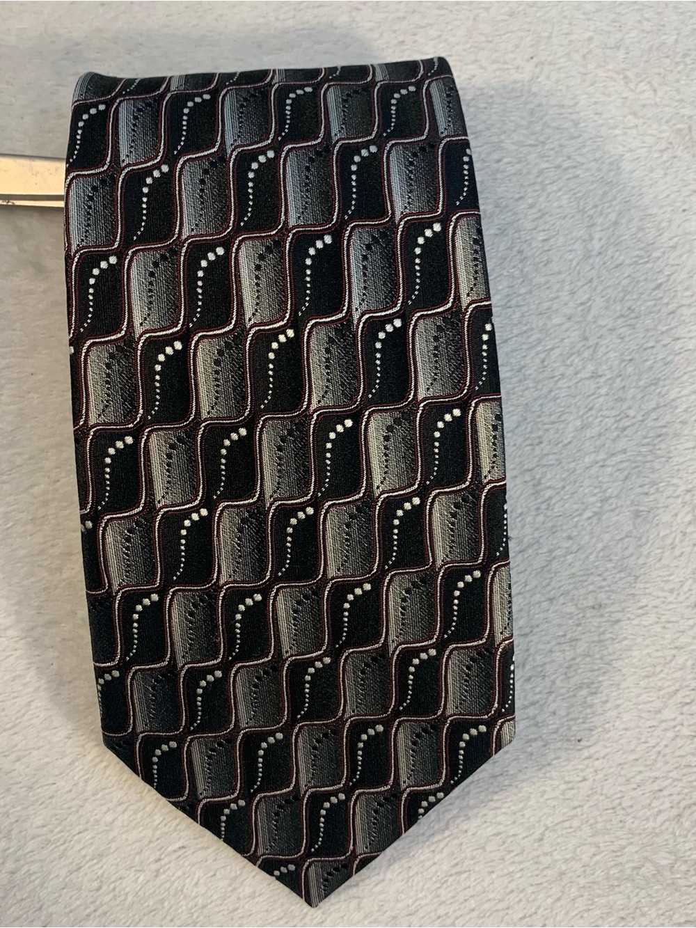 Pierre Cardin Black Geometric Pattern Tie with Gray and Burgundy 100% Silk
